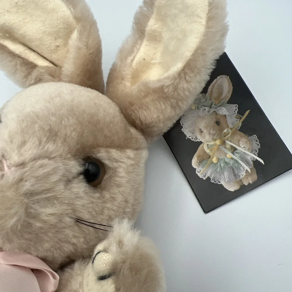 Vintage Tan‎ Beige Bunny Rabbit Pink Bow Plush Jointed 8